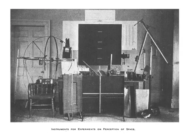 Archival photograph of apparatus for experiments on the perception of space, with a chair and a large wire hoop.