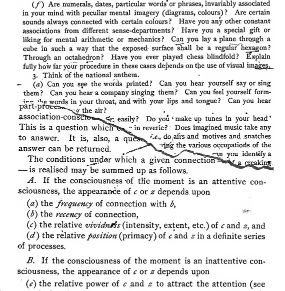 Scanned page from a Titchener manual, questions on mental imagery and attention, overlaid by a torn second scan.